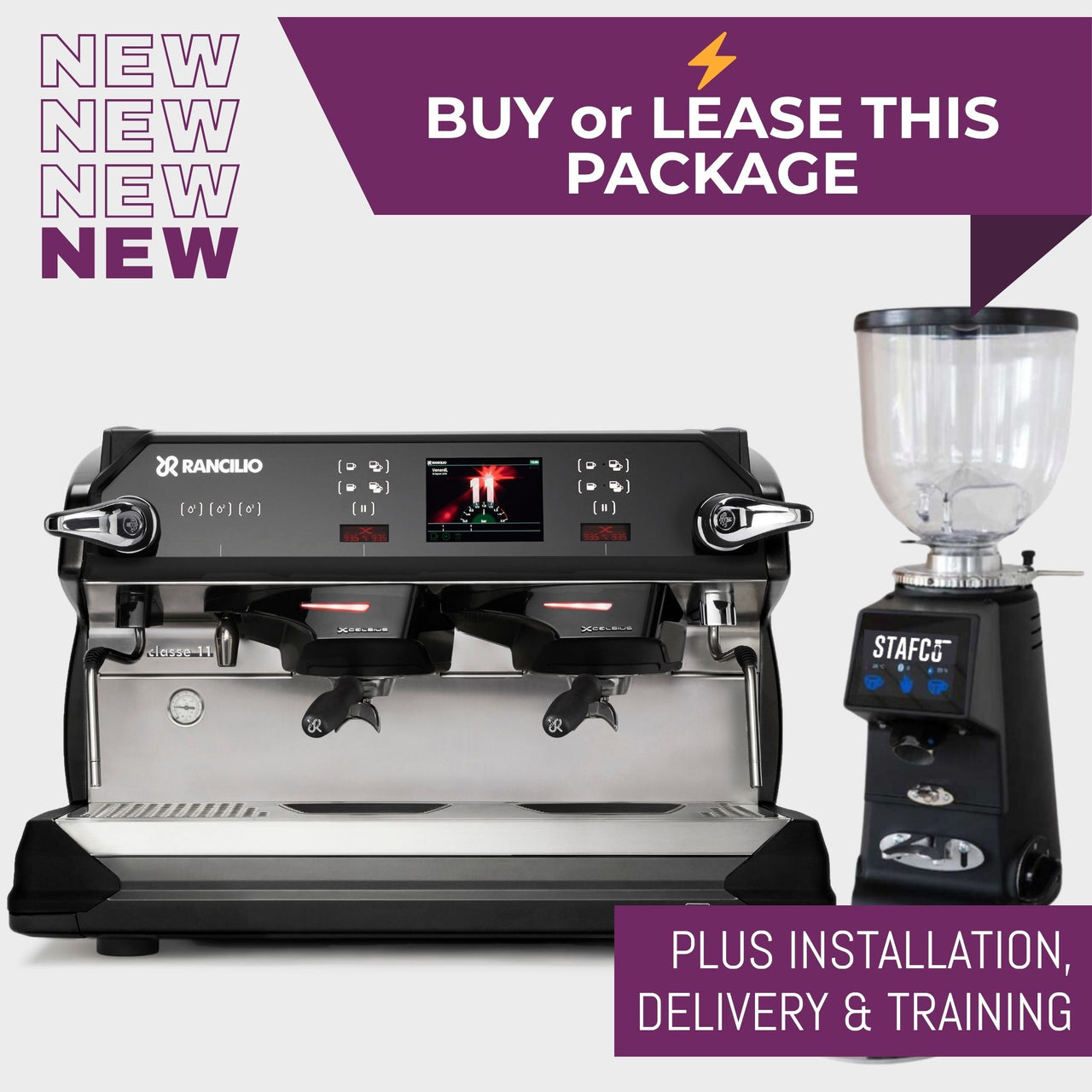 Black Rancilio Classe 11 USB Xcelsius Tall commercial espresso machine package with grinder delivery installation and training