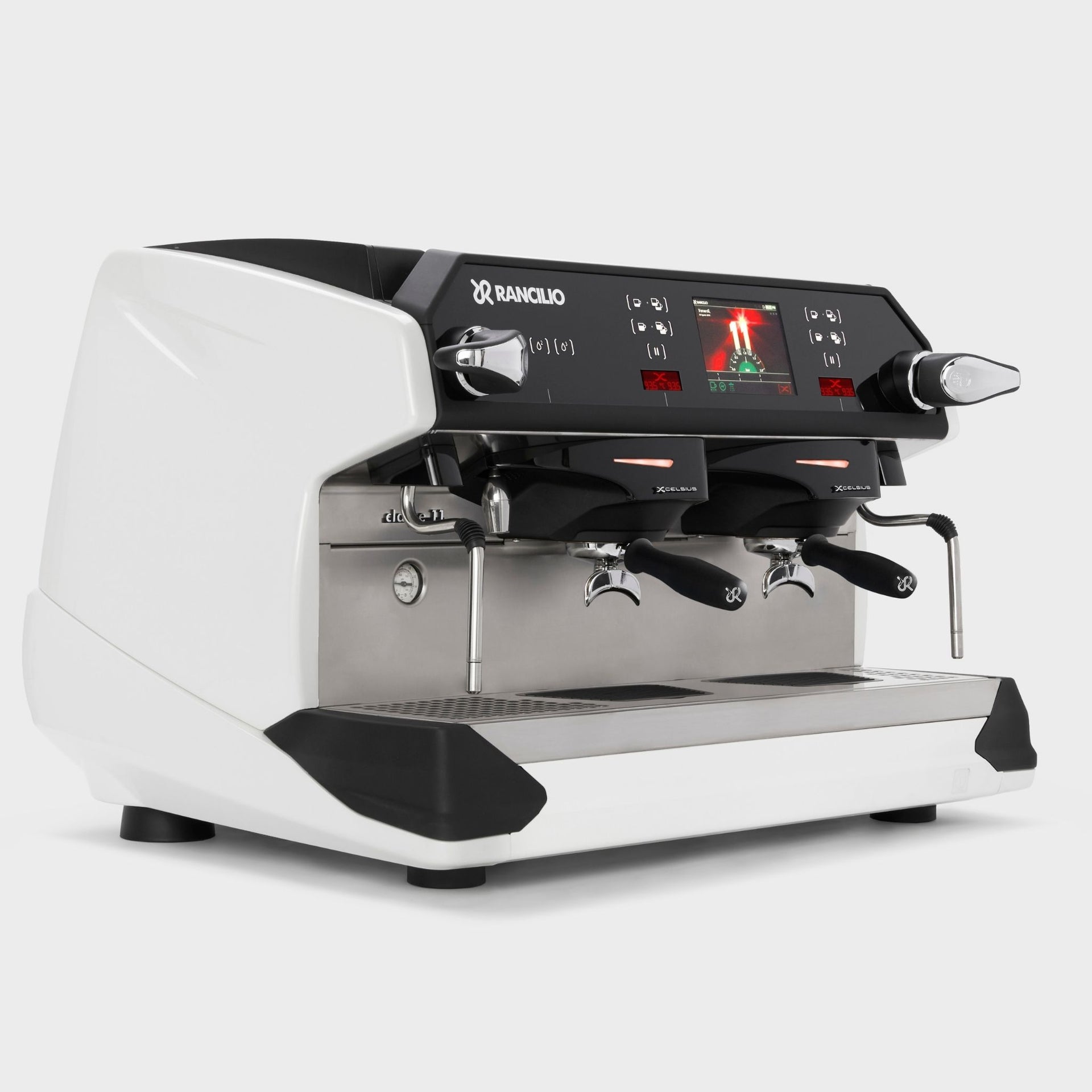 White Rancilio Classe 11 USB Xcelsius Tall 2 group espresso machine front angled view