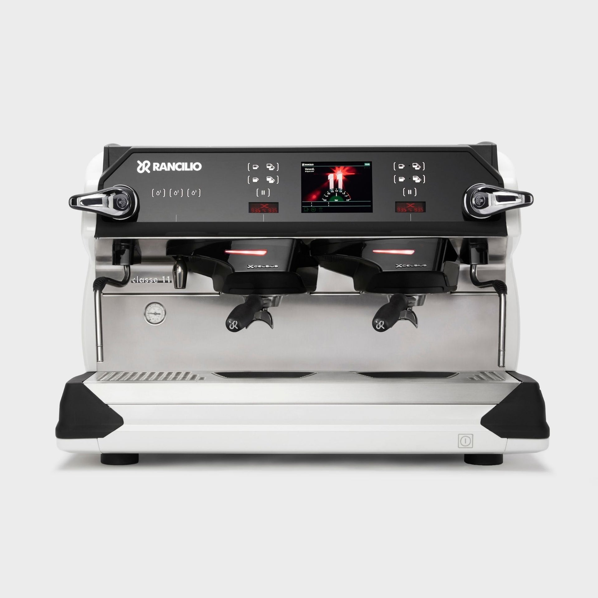 Front view of white Rancilio Classe 11 USB Xcelsius Tall commercial espresso machine