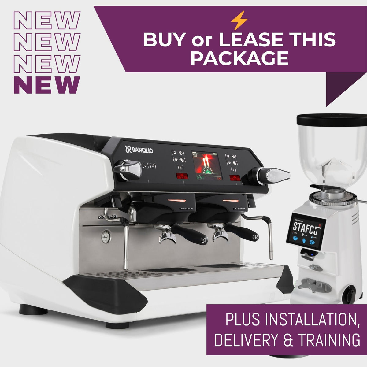 White Rancilio Classe 11 USB Xcelsius Tall espresso machine package with commercial coffee grinder installation delivery and training