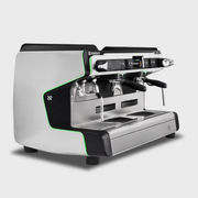 Front-side view of the Rancilio Classe 20 ASB Tall 2 group espresso machine with Green RGB accent lighting