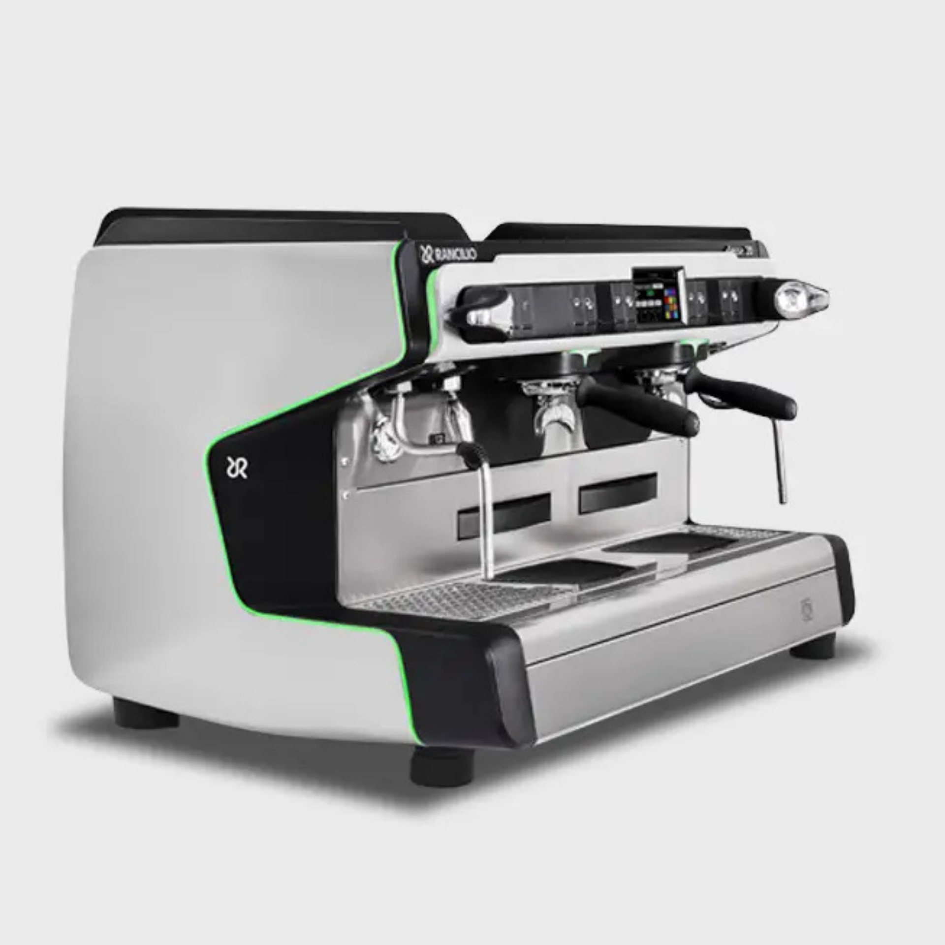 Front-side view of the Rancilio Classe 20 ASB Tall 2 group espresso machine with Green RGB accent lighting