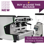 Rancilio Classe 20 ASB Tall espresso machine package with black RMD64 grinder and knock out drawer