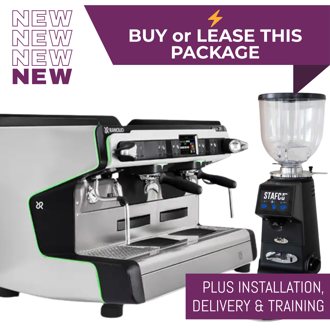Rancilio Classe 20 ASB Tall espresso machine package with black RMD64 grinder and knock out drawer