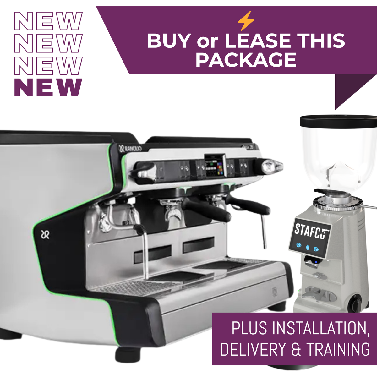 Rancilio Classe 20 ASB Tall espresso machine package with black RMD64 grinder and knock out drawer