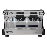 Front view of black Rancilio Classe 5 CRONO Tall 2 group espresso machine