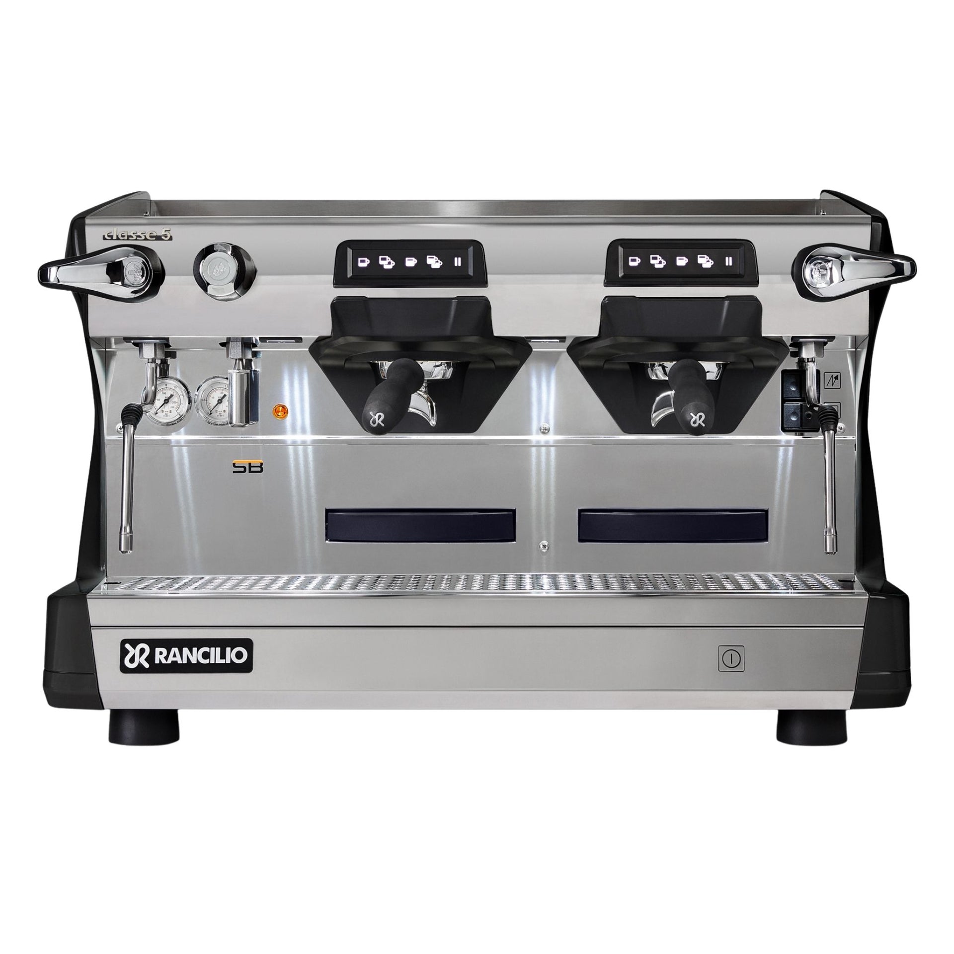 Front view of black Rancilio Classe 5 CRONO Tall 2 group espresso machine