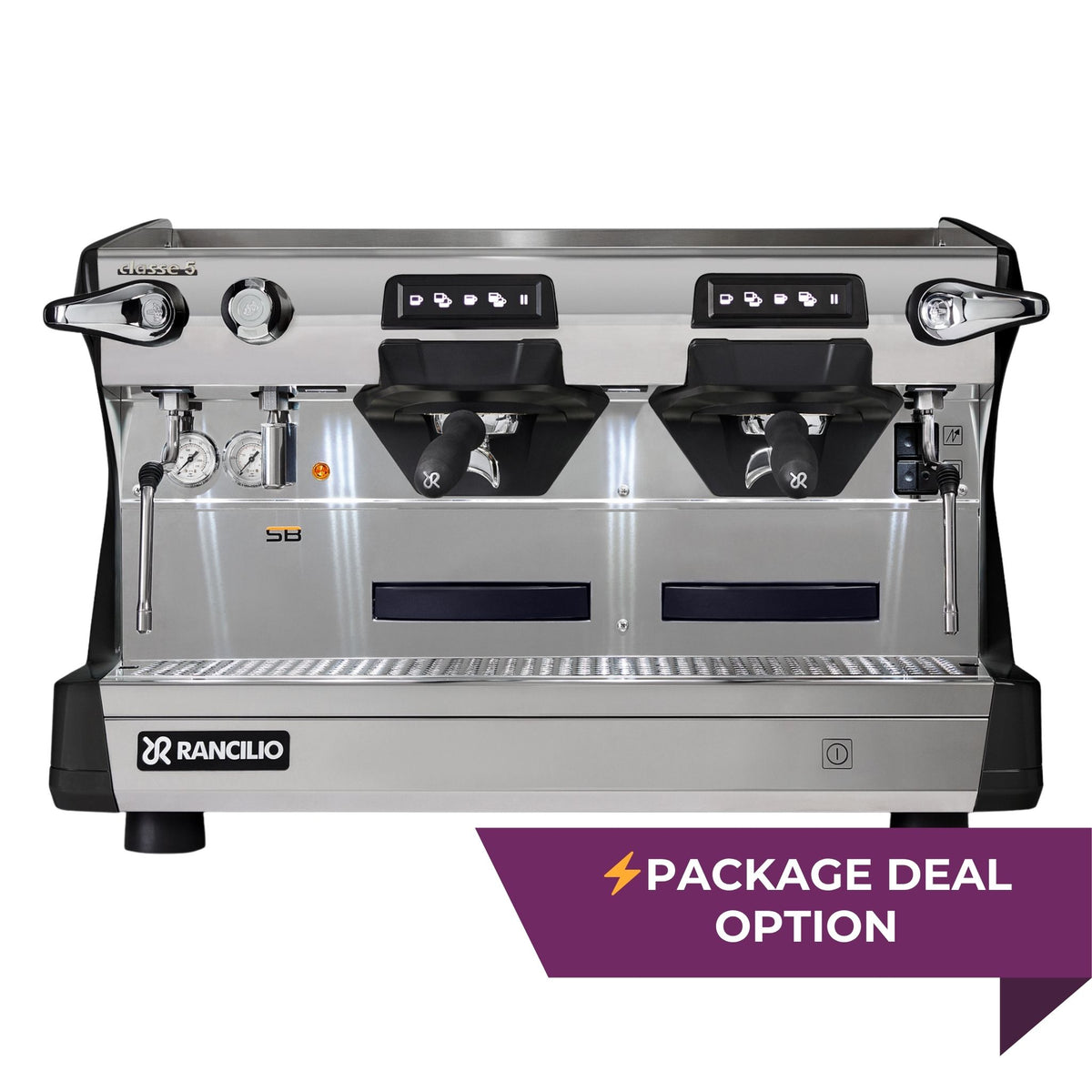 Rancilio Classe 5 CRONO Tall espresso machine package with RMD64 grinder and knock out drawer - buy or lease
