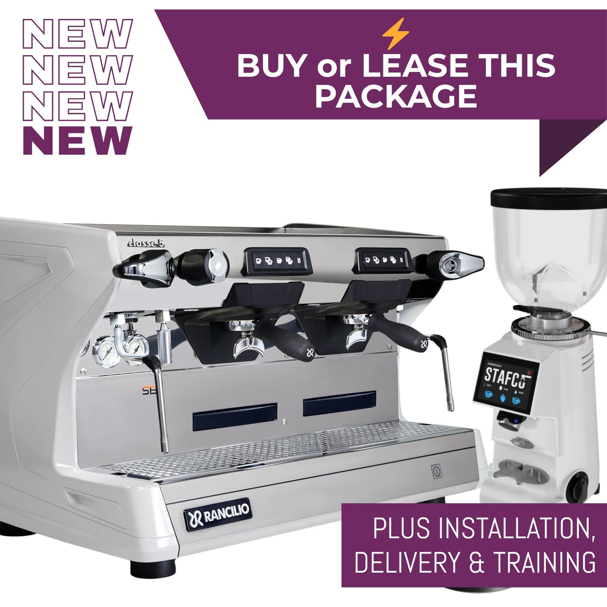 Rancilio Classe 5 CRONO Tall commercial barista setup with espresso machine, grinder and knock-out drawer - white