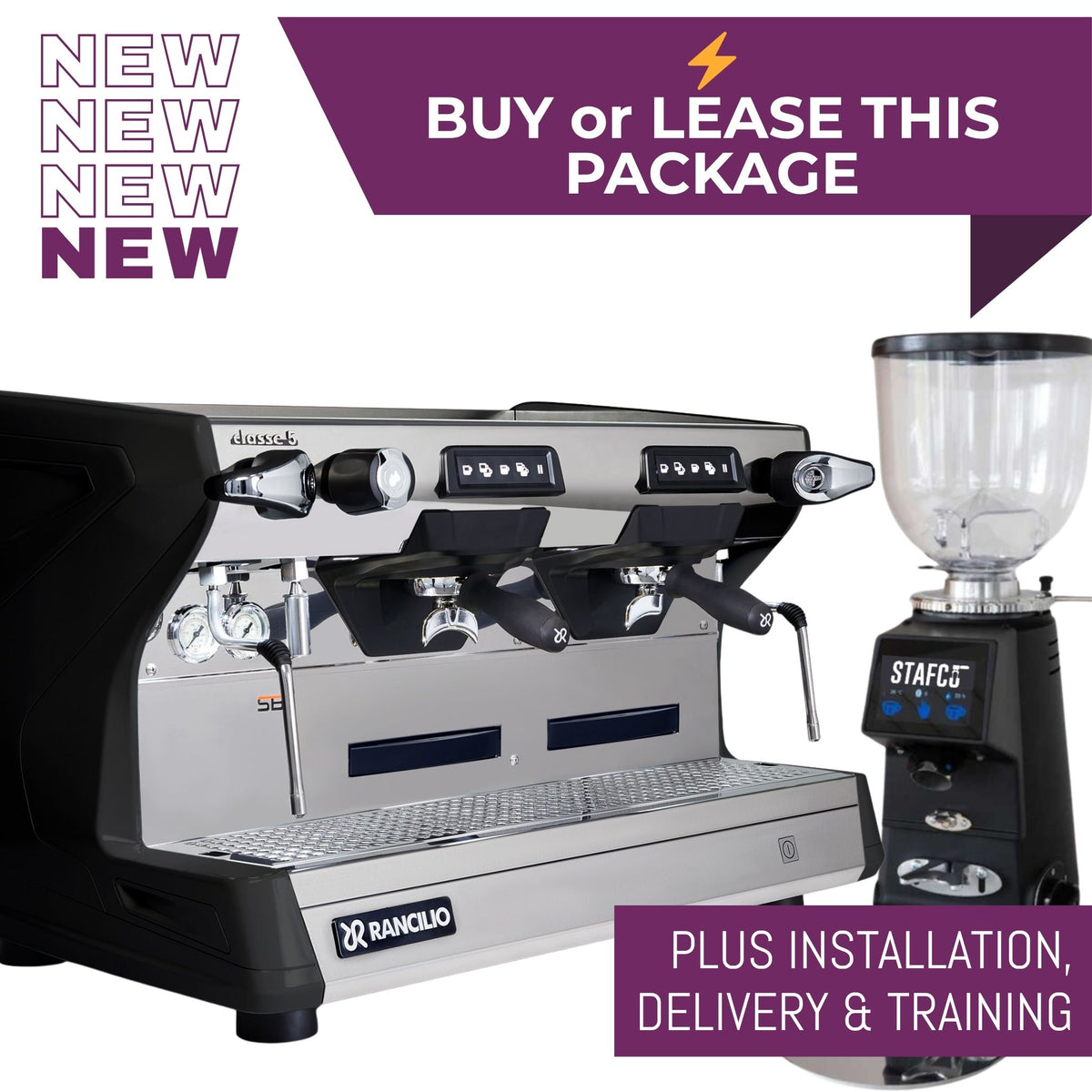 Rancilio Classe 5 CRONO Tall commercial espresso machine package with RMD64 grinder and knock out drawer - in black