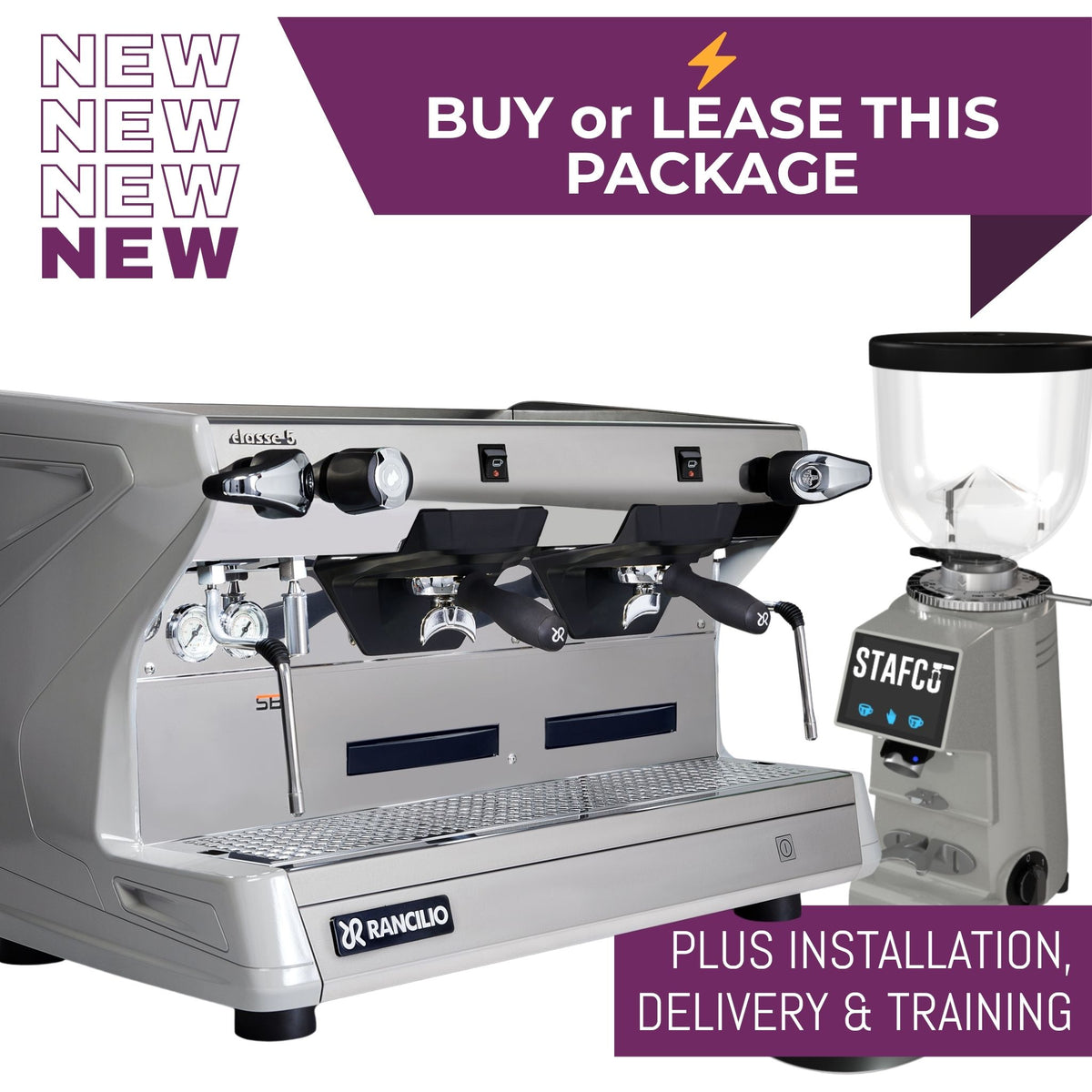 Rancilio Classe 5 CRONO Tall espresso machine package with RMD64 grinder and knock out drawer - in grey