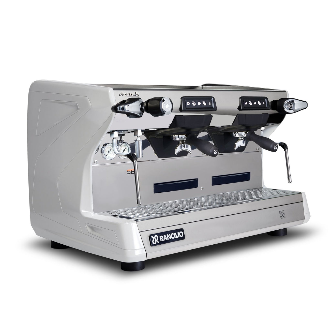 White Rancilio Classe 5 CRONO Tall 2 group commercial espresso machine side view