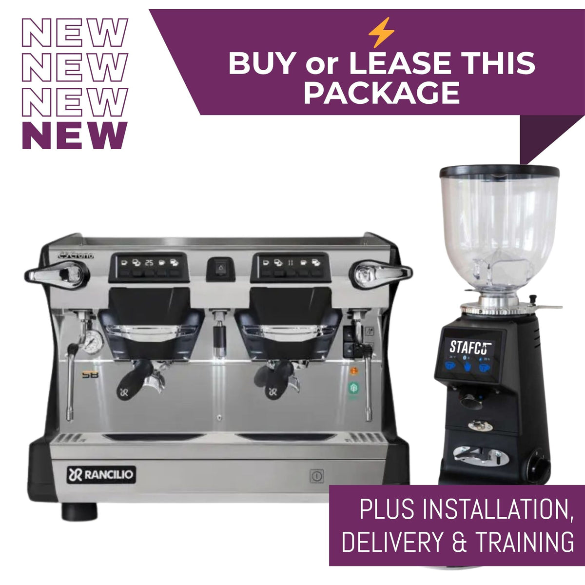 Rancilio Classe 5 ECO CRONO Tall espresso machine package with RMD64 grinder and knock-out drawer - buy or lease
