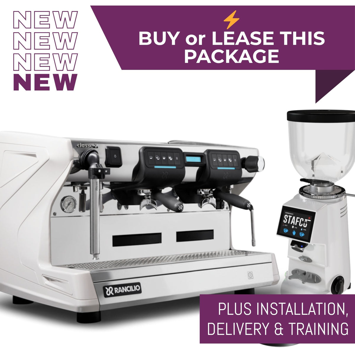 Rancilio Classe 7 USB Tall espresso machine package with RMD64 grinder and knock out drawer - white