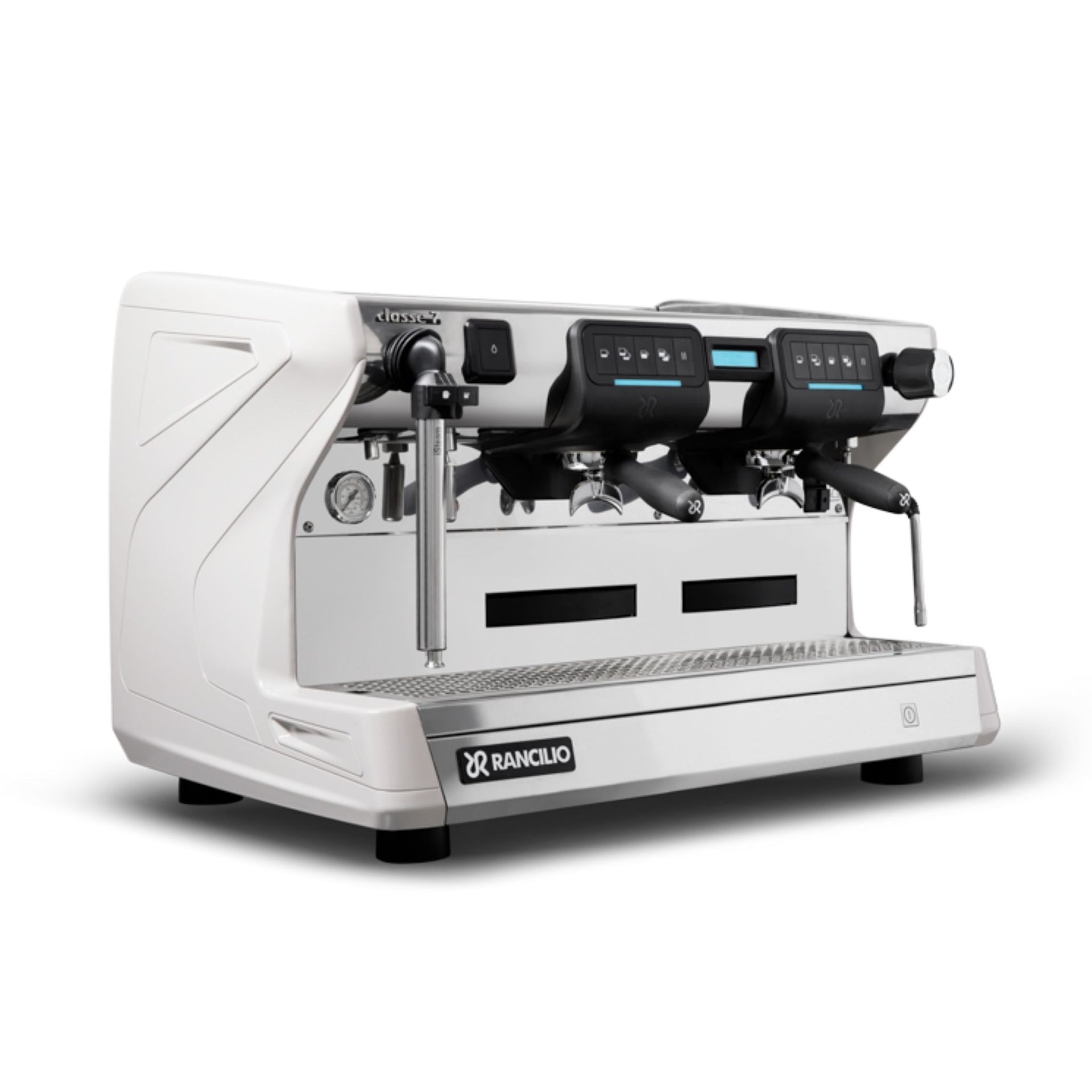 Angled front view of the Rancilio Classe 7 USB Tall commercial espresso machine - white