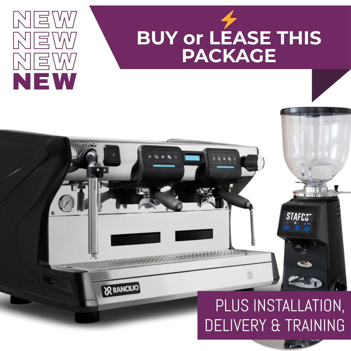 Rancilio Classe 7 USB Tall 2 group commercial espresso machine for cafés restaurants and speciality coffee shops - package deal option with grinder - black