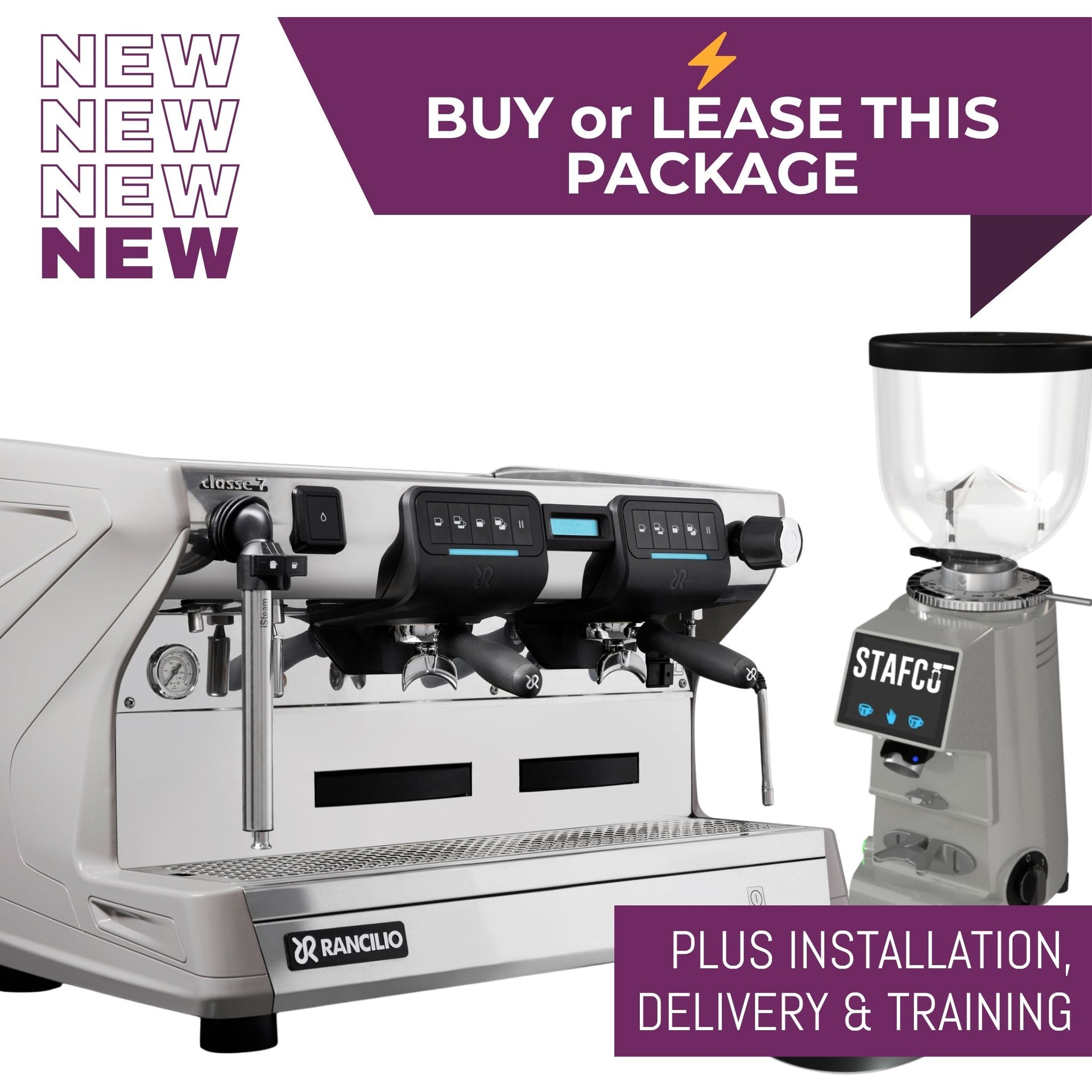 Rancilio Classe 7 USB Tall espresso machine package with RMD64 grinder and knock out drawer - grey