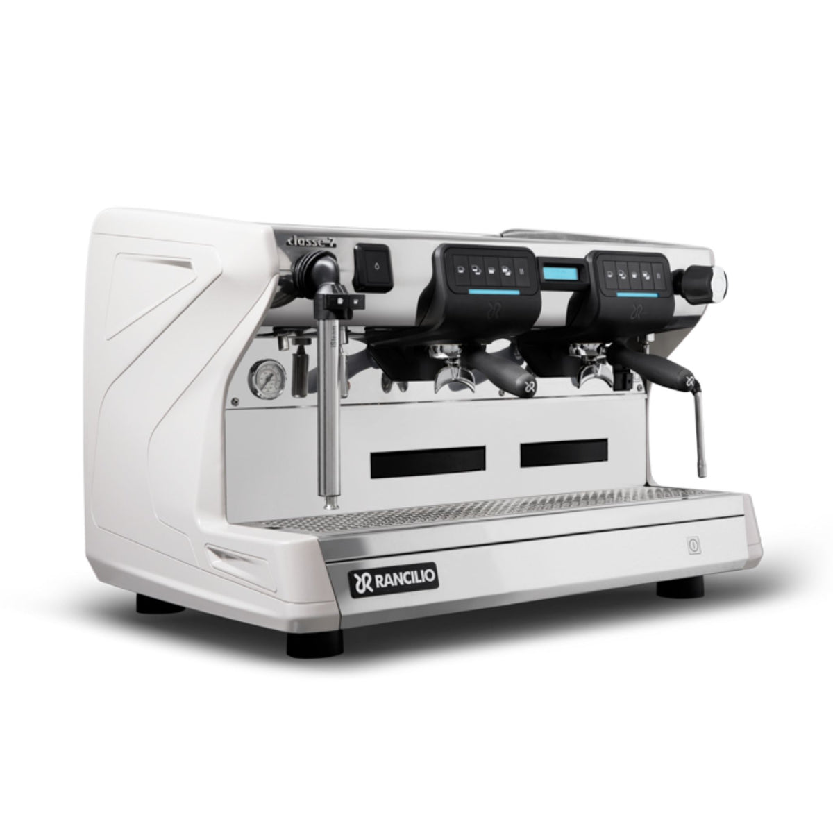 Angled view of the Rancilio Classe 7 USB Tall 2 group espresso machine - white