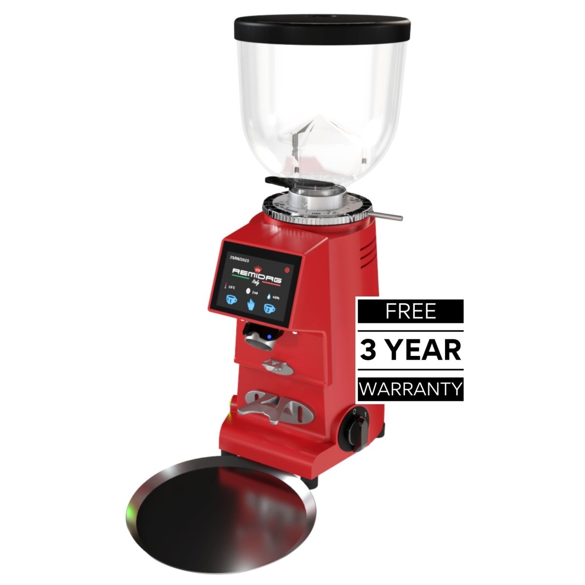 Remidag RD64 PRO red espresso grinder – commercial-grade on-demand dosing in a bold red finish