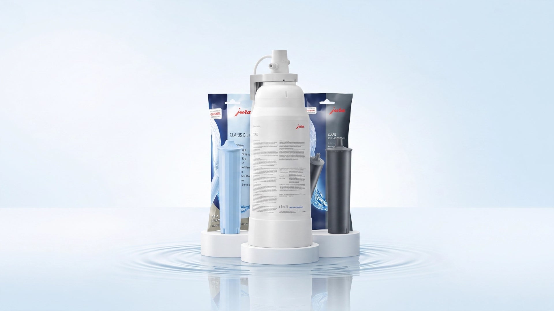 JURA CLARIS tank filters and F-series professional coffee machine water-filter cartridges.