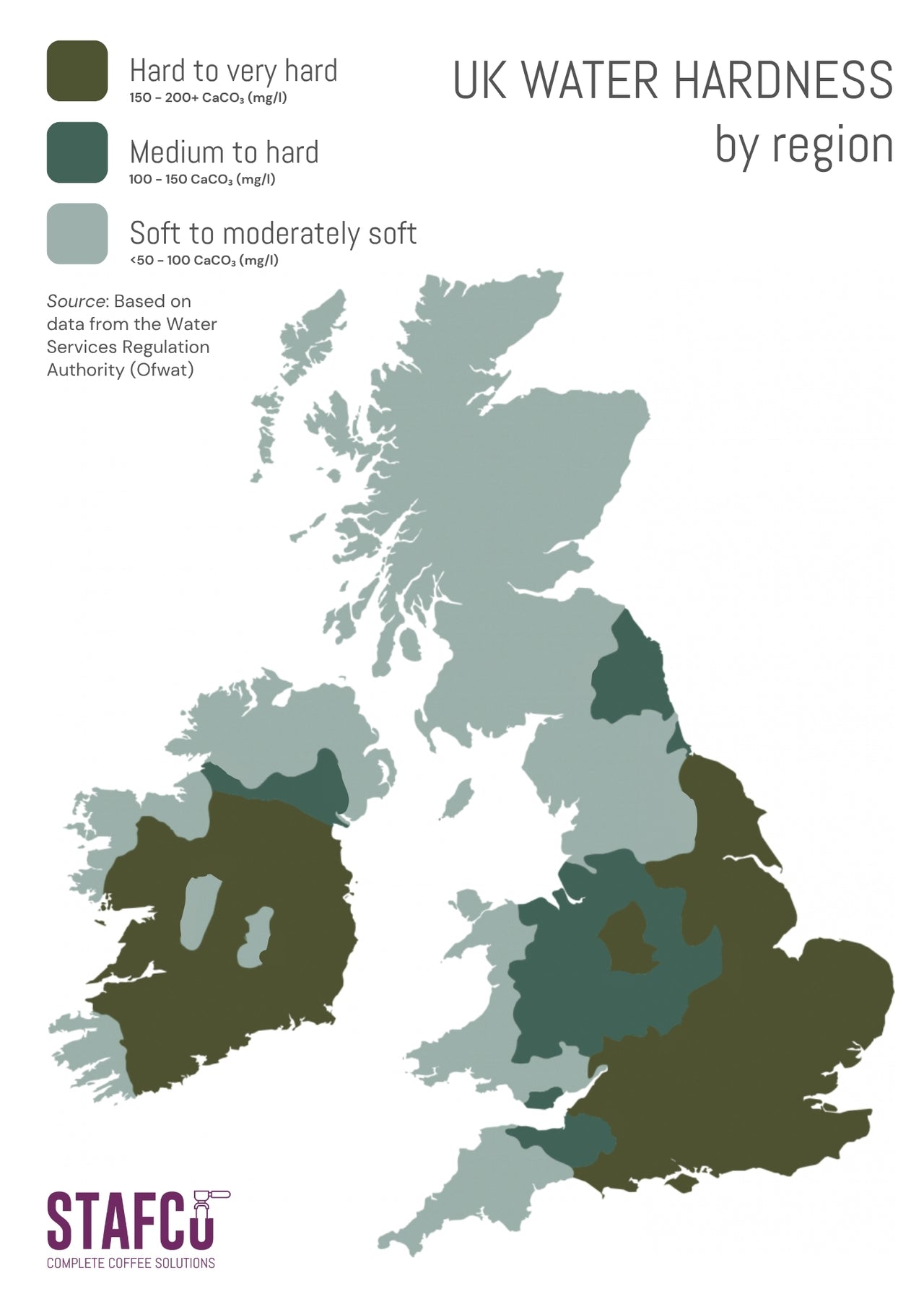 UK hard water map showing regional water hardness levels and potential coffee machine limescale risk and coffee machine damage