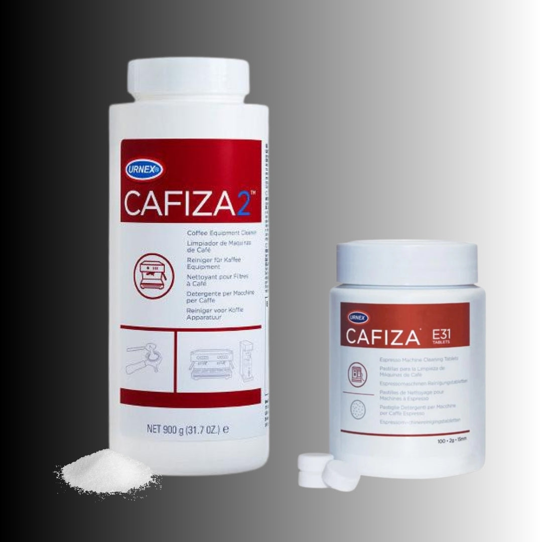 Urnex Cafiza coffee machine cleaning tablets and espresso machine cleaning powders.
