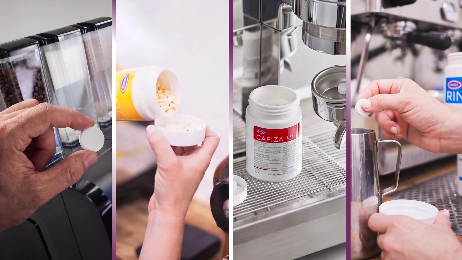 Comparison of Urnex Cafiza, Rinza, Grindz, SuperGrindz and Dezcal coffee cleaning tablets.
