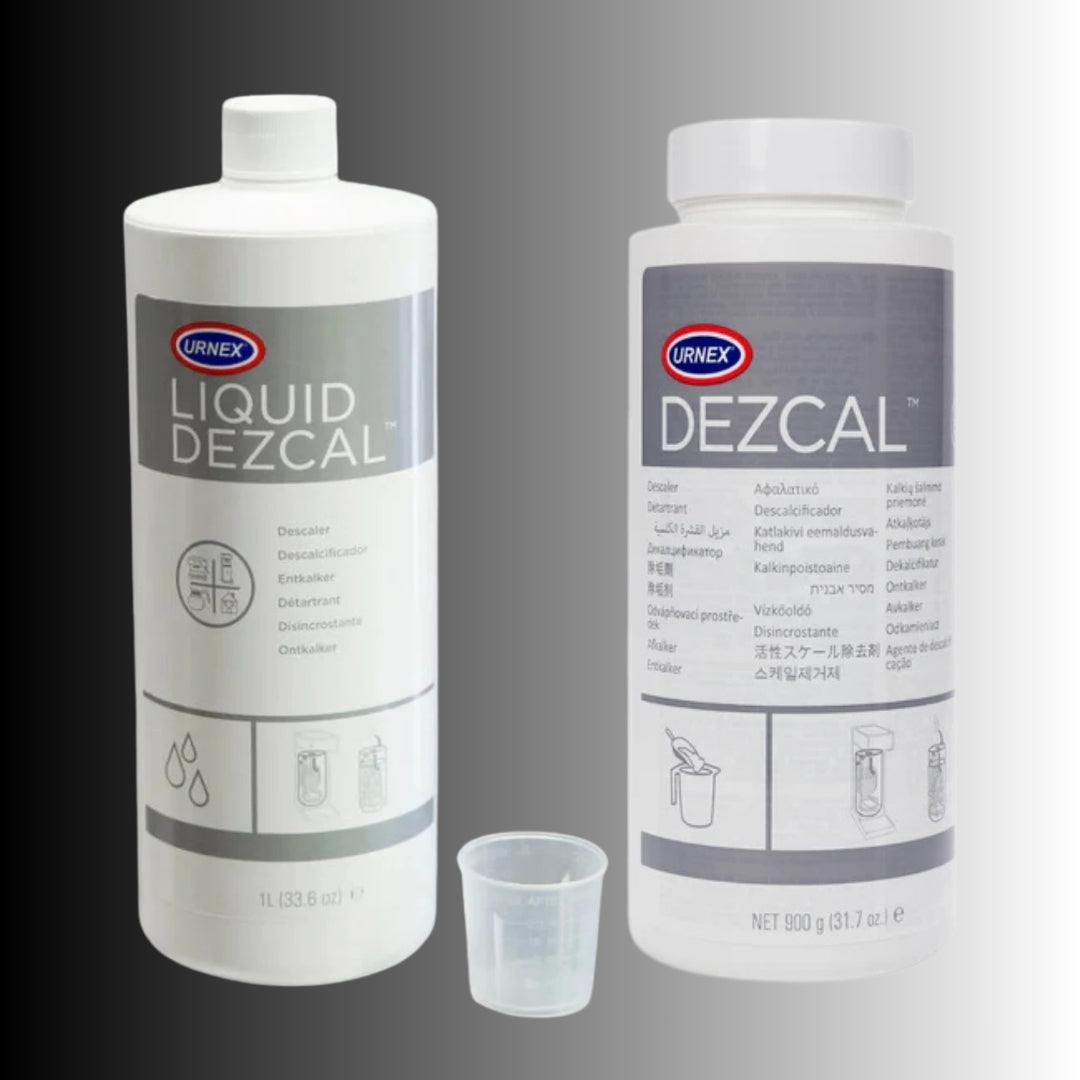 Urnex Dezcal liquid and powder coffee machine descaling products.