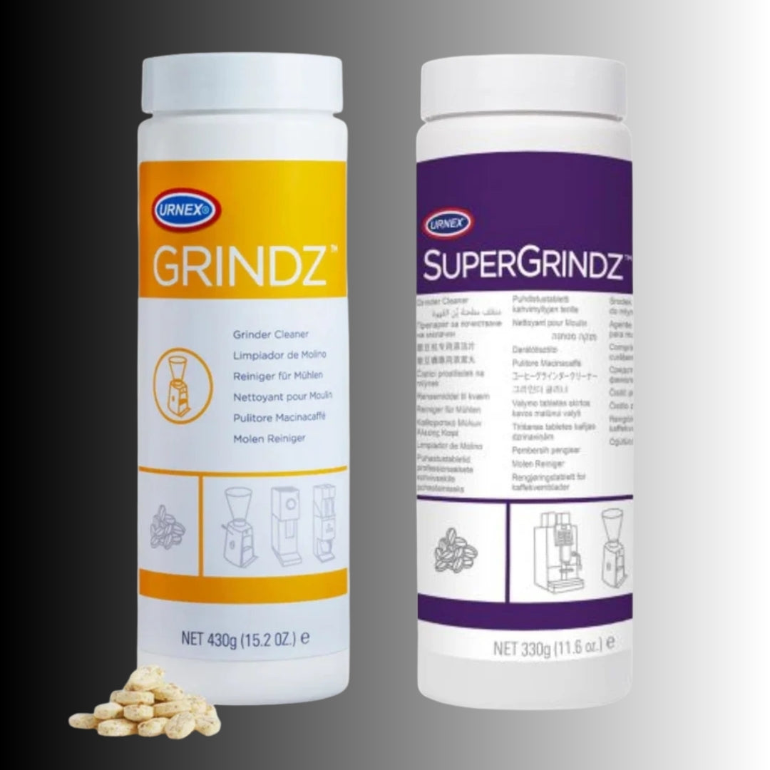 Urnex Grindz and SuperGrindz cleaning products for professional commercial coffee grinders and superautomatic bean-to-cup coffee grinders.