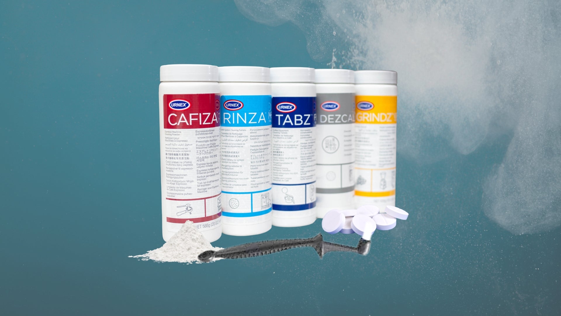 Urnex Cafiza, Rinza, Dezcal, Grindz and SuperGrindz coffee-equipment cleaning products.