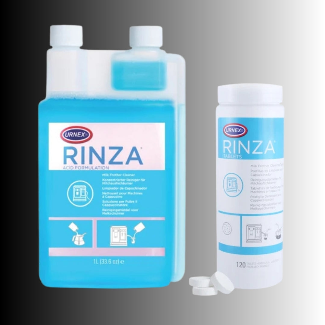 Urnex Rinza alkaline and acid coffee machine milk-system cleaning liquids, tablets and powders.