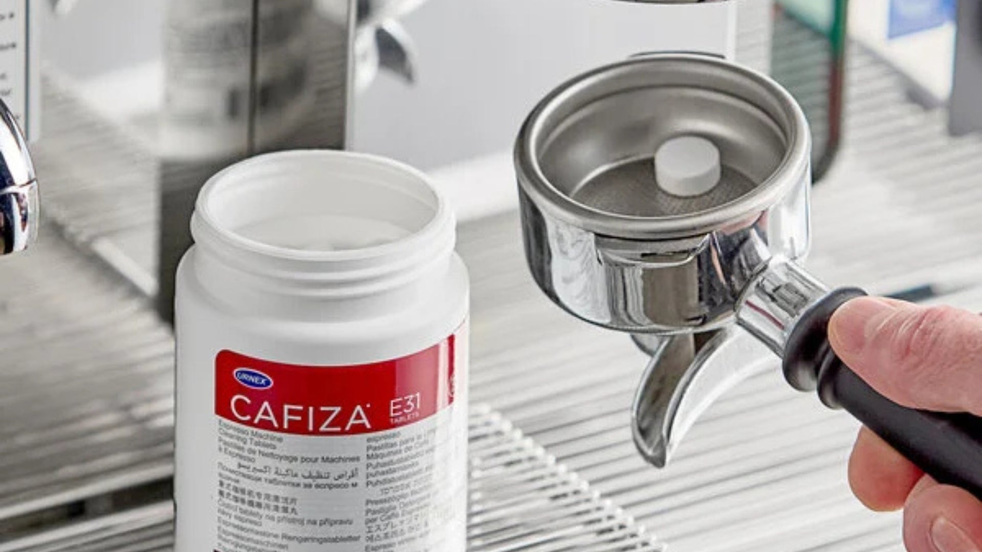 Urnex cleaning products organised into Cafiza, Rinza, Dezcal and Grindz product ranges.