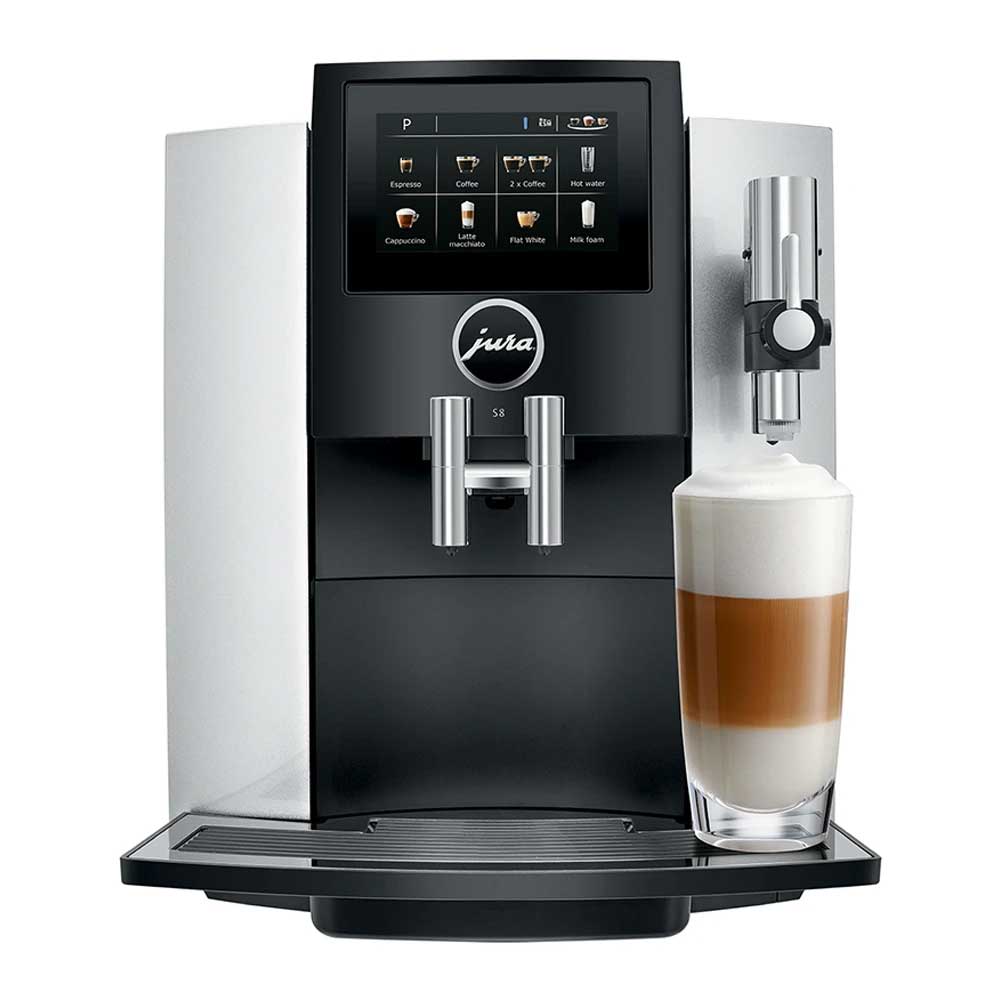 Buy or lease the Jura S8 bean-to-cup coffee machine in chrome – automatic Swiss coffee maker with touch display, ideal for home and small office use