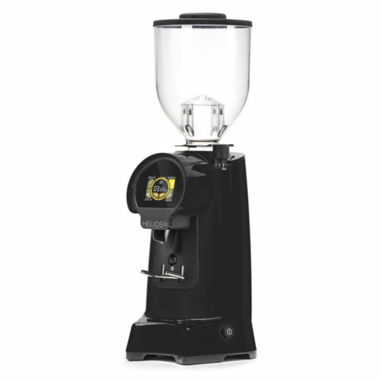 Black Eureka Helios 80 mm flat burr black commercial coffee grinder with touchscreen controls – available to buy or lease from StafCo UK.